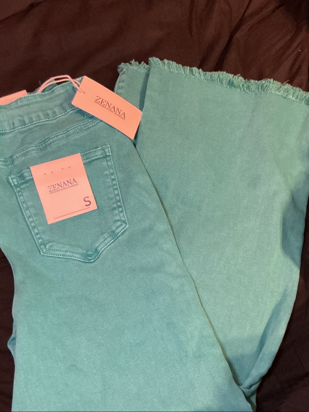 Zenana Outfitters Teal Green Wide Leg Jeans with Frayed Hem